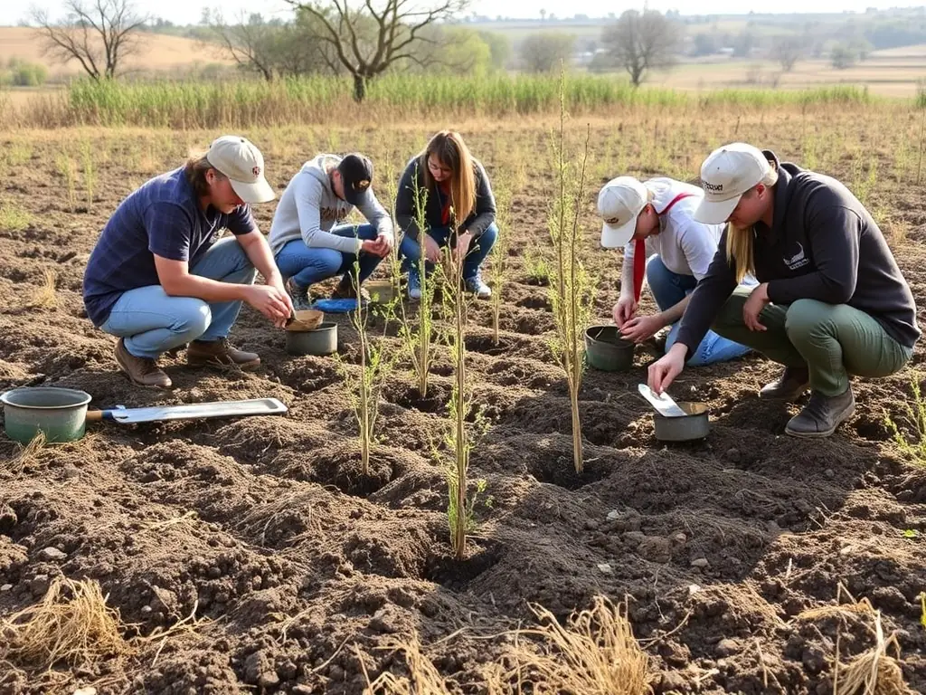 A group of volunteers planting native trees in a deforested area, illustrating habitat restoration efforts by AMICALE.