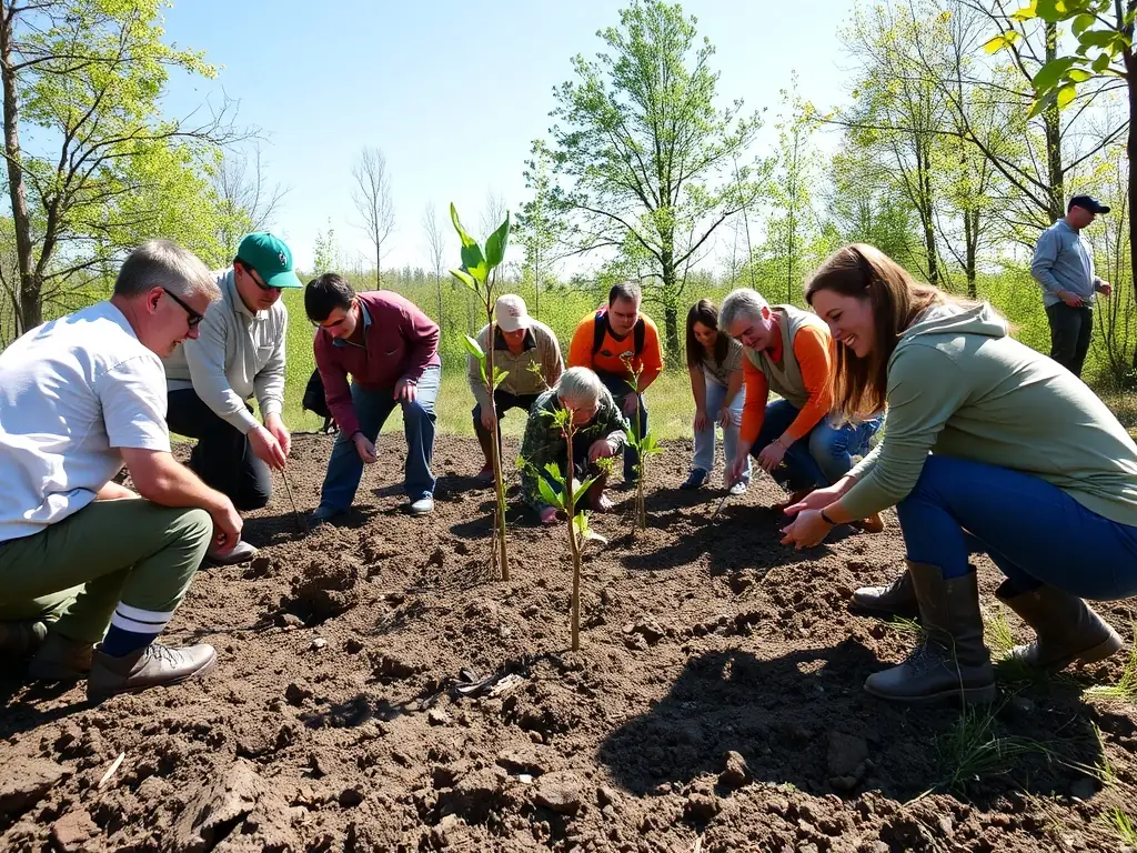 A group of volunteers planting trees in a deforested area, symbolizing habitat restoration efforts by AMICALE DES CHASSEURS ET PROPRIETAIRES.