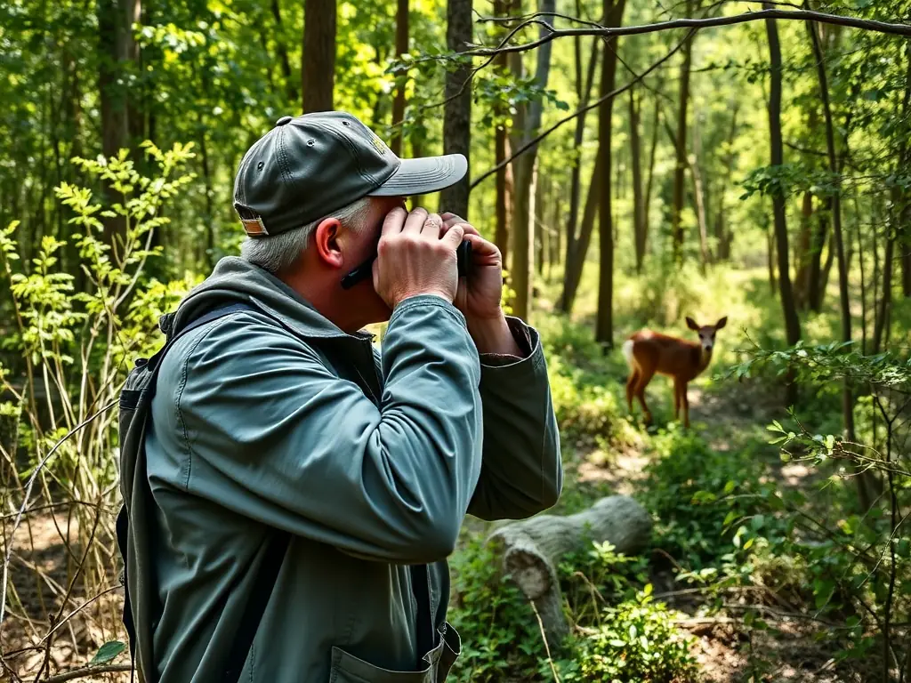A wildlife biologist monitoring a deer population in its natural habitat, showcasing species conservation efforts.