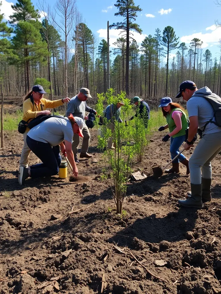 A photograph capturing volunteers planting trees in a deforested area, symbolizing habitat restoration efforts.