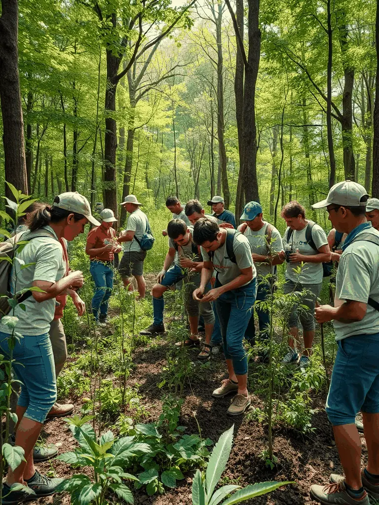 A photograph of a group of community members participating in a clean-up event in a local forest.