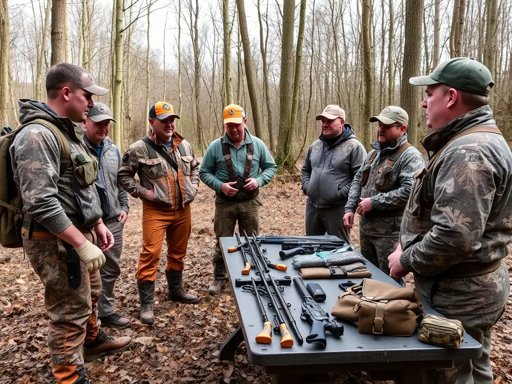 Hunters participating in a training session on responsible hunting practices, emphasizing ethical and sustainable hunting.
