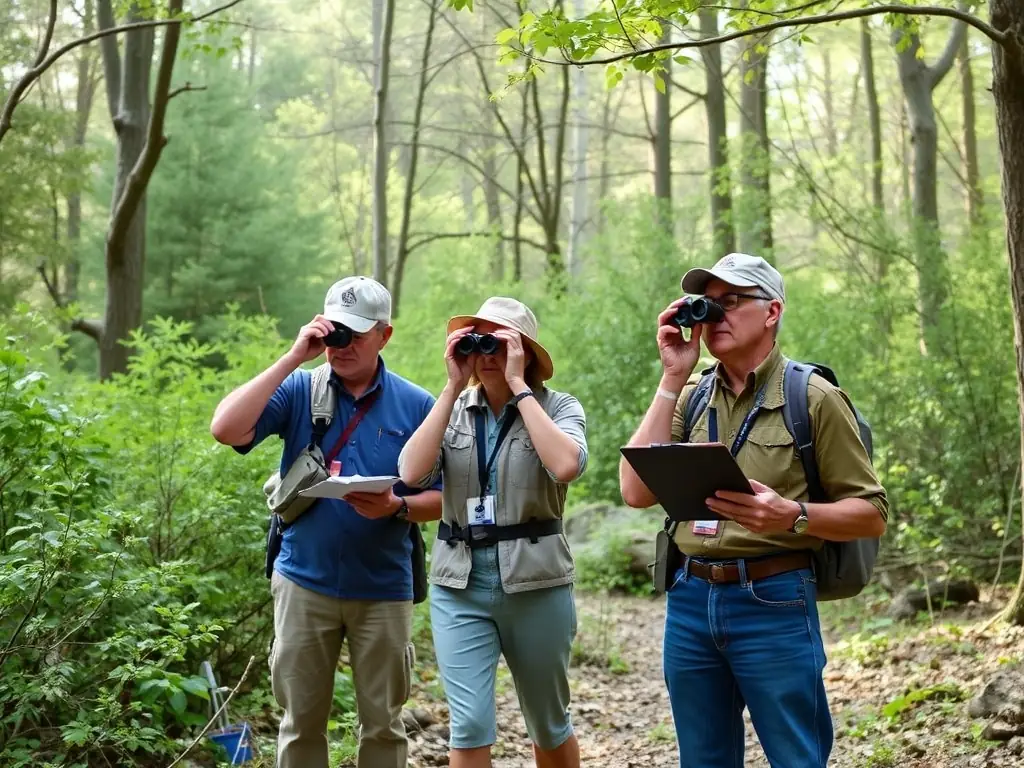 A group of members participating in an anti-poaching patrol in a rural area, showcasing the organization's commitment to protecting wildlife.